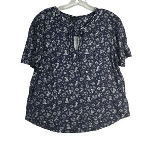 Lucky Brand Blue Floral Print Short Sleeve Tie Neck Blouse Small